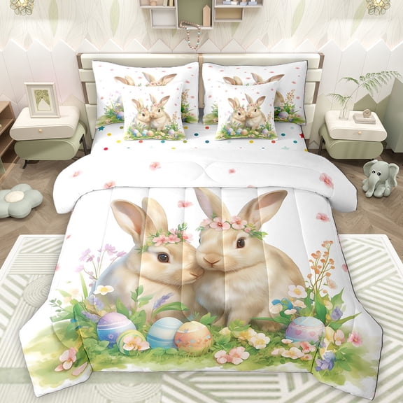 Manfei Cute Rabbit 7-Piece Twin Bedding Sets,Cartoon Dinosaur Egg Bedding Comforter Set,Colorful Flower Floral Sheet Sets For Girls Kids,Breathable Home Decor Reversible