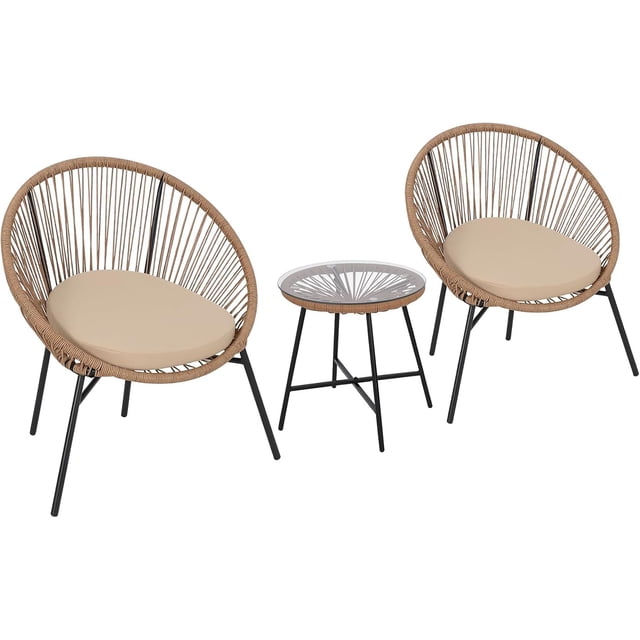 BeesClover 3 Piece Rattan Bistro Set with Seat Cushions, Outdoor Wicker Patio Modern Lounge Furniture Set with 2 Chairs & Glass Coffee Table