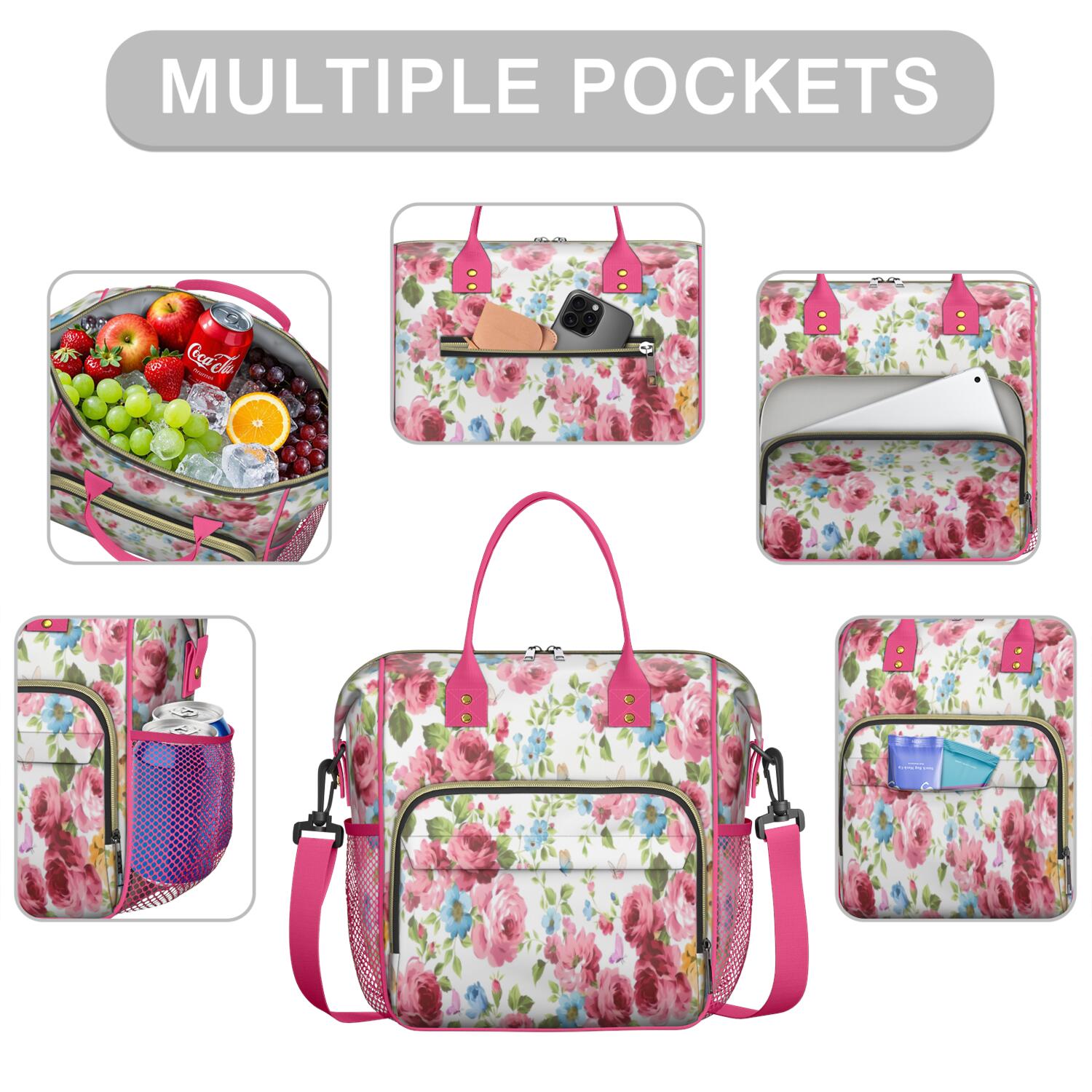 Pioneer Flower Floral Print Pattern Womens Lunch Box for Work,Insulated Large Lunch Bag for Tween and Teen,Loncheras Para Mujer,Leakproof Adult Lunch Bag for Work,Beach,Travel,Picnic,Camping