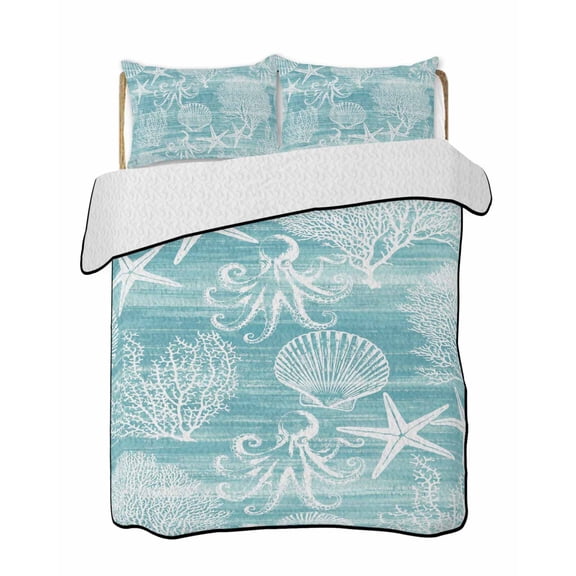 Twin XL Quilt Bedding Set, Turquoise Coastal Reversible Summer Quilt 3 Pieces, Nautical Coral Starfish Shell Octopus Sea Lightweight Bedspreads Coverlets with 2 Pillow Shams for All Seasons
