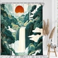 thumbnail image 3 of Abstract Waterfall Forest Shower Curtain, Boho Emerald Green Nature Modern Waterfall Forest Trees Sun Art Shower Curtain Bathroom Decor, Hokusai Aesthetic Landscape Shower Curtain Set with 12 Hooks, 3 of 5