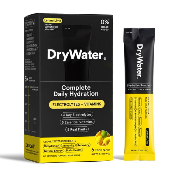 DryWater Hydration Powder, Electrolytes Vitamins, Lemon Lime, 6 Pack
