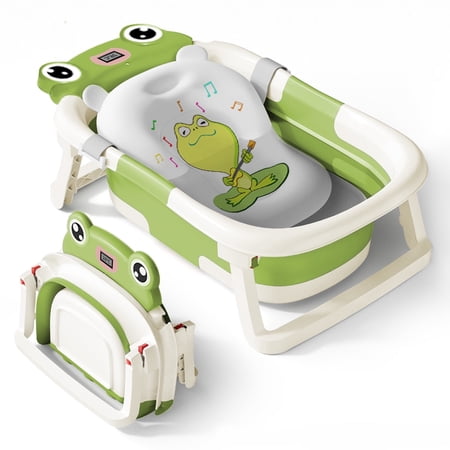 Babyomi Baby Bathtub Portable Baby Tub with Cute Bear Thermometer and Showerhead Holder Bath Tub Thermostatic Drain Plug and No-Slip Feet Design to Newborn Green