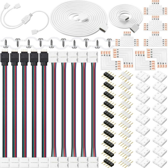 5050 4 Pin RGB 10mm LED Strip Connector Kit RGB Extension Cable, LED Strip Jumper, 2 Way RGB Splitter Cable, L, T, Gapless, 4 Pin Male Connectors with Clips