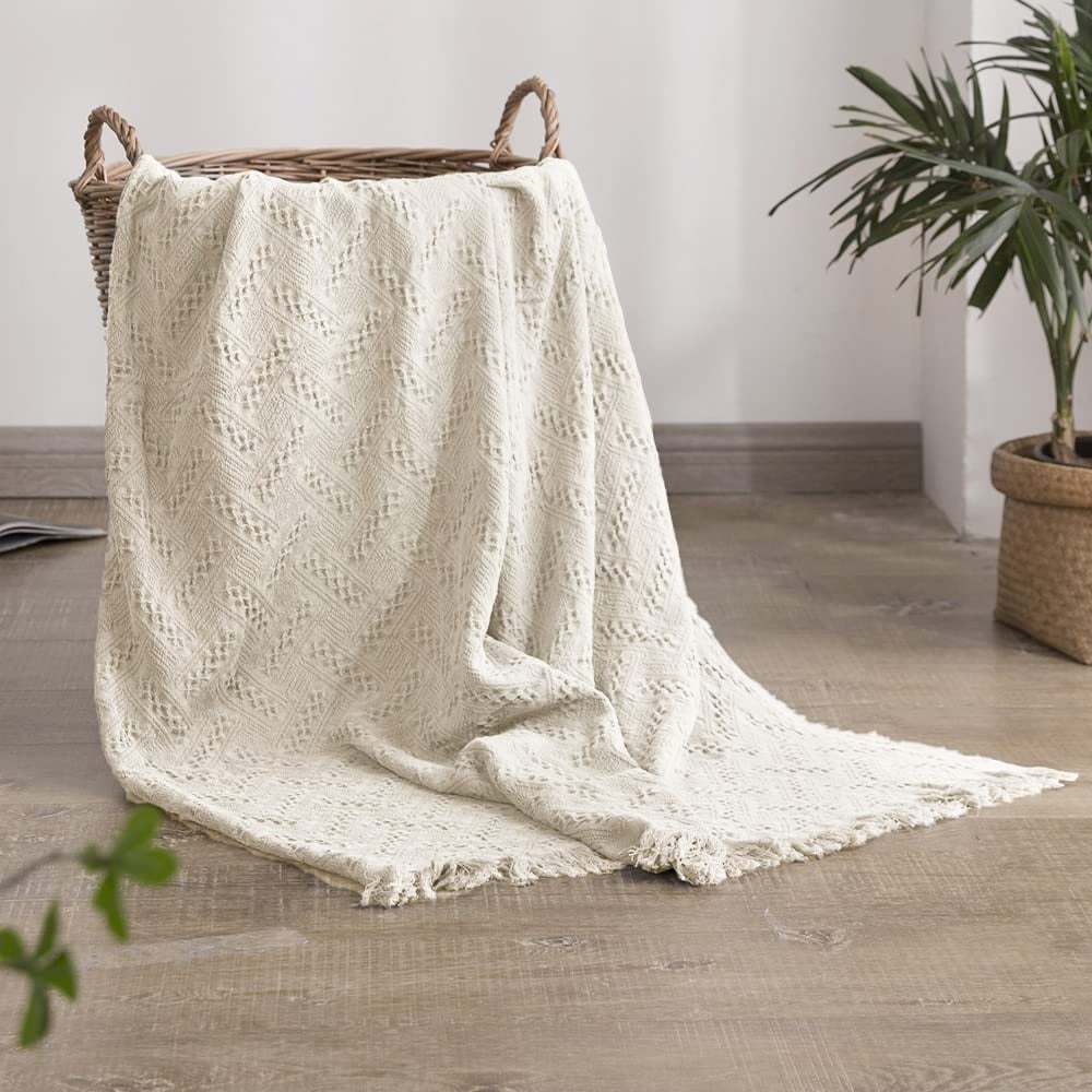 Simple Opulence 100 Cotton Throw Blanket for Bed Couch Boho Luxury Geometric Knit Woven Blanket with Tassels Soft Lightweight Cozy Breathable Vintage Farmhouse Decoration for All Season White Walmart....
