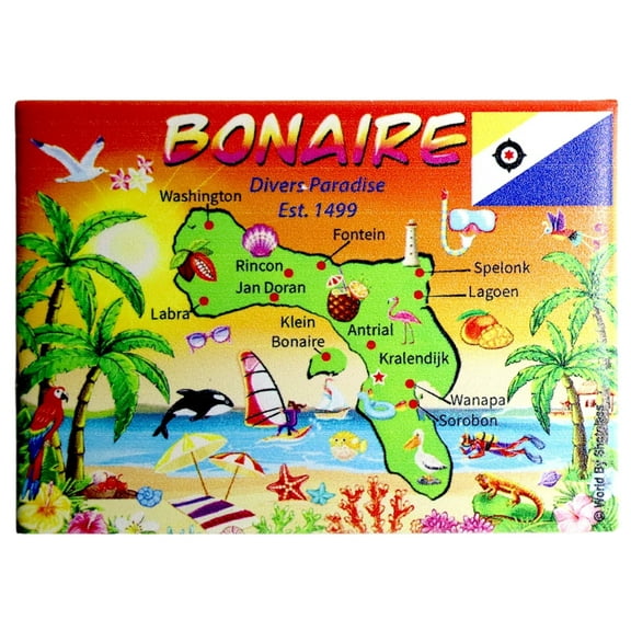 Bonaire Graphic Map and Attractions Souvenir Fridge Magnet 2.5" X 3.5"