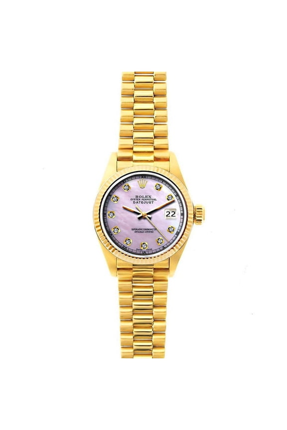 Pre-Owned Rolex Datejust 26MM 69178 Pink Mother of Pearl Diamond Dial Fluted Bezel 18K Yellow Gold President Bracelet