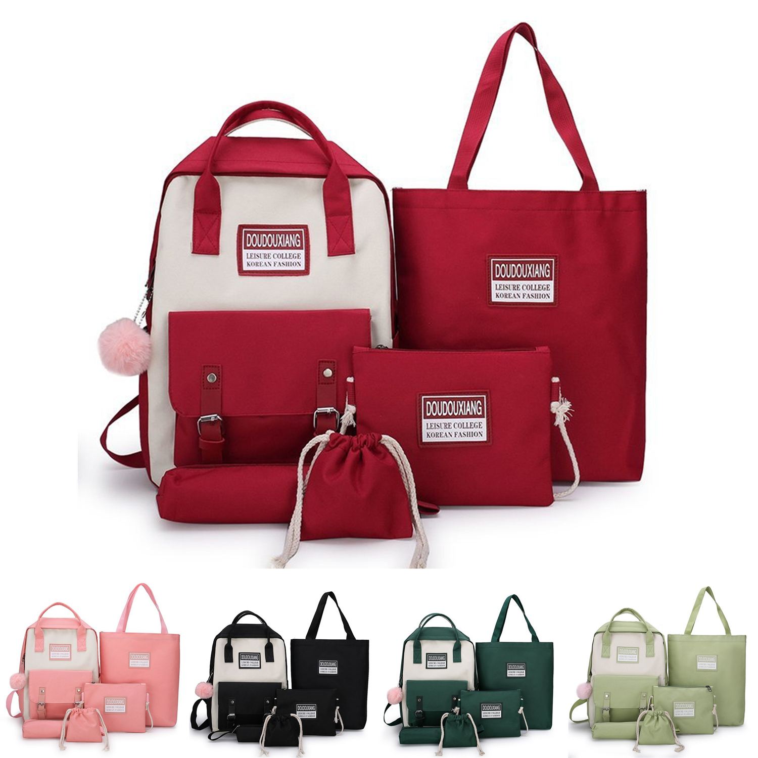 Canvas School Bags for Teenage Girls Women 5 Pcs/Sets Nylon Backpack