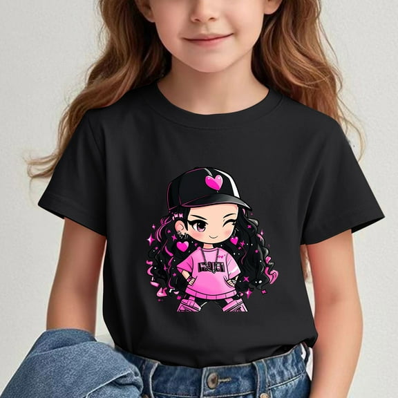 Delliss Girls Crew Neck Short Sleeve Graphic Tees Cool girl print Shirts Cute Summer 3-15 Years