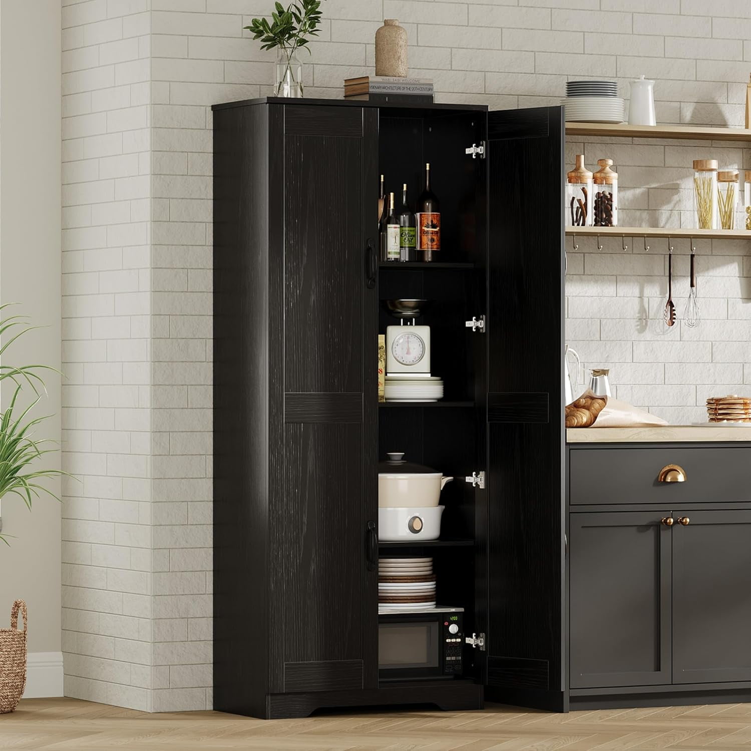 Kitchen Pantry Cabinet, Freestanding Black Pantry Storage Cabinet, 60" Cupboard, Tall Cabinet