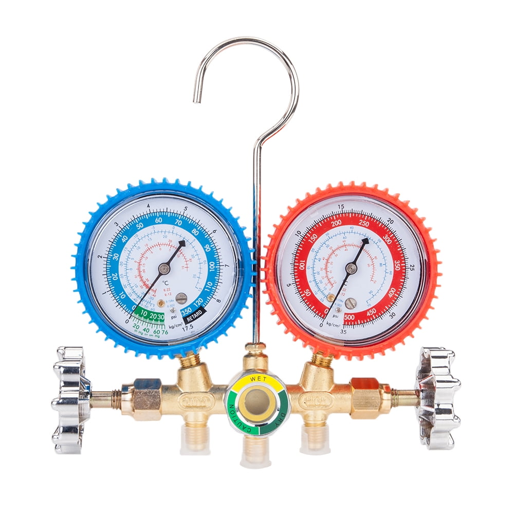 Gauges Valve Set Dual Manifold R134 R12 R22 R502 with Red & Yellow & Blue Hose 