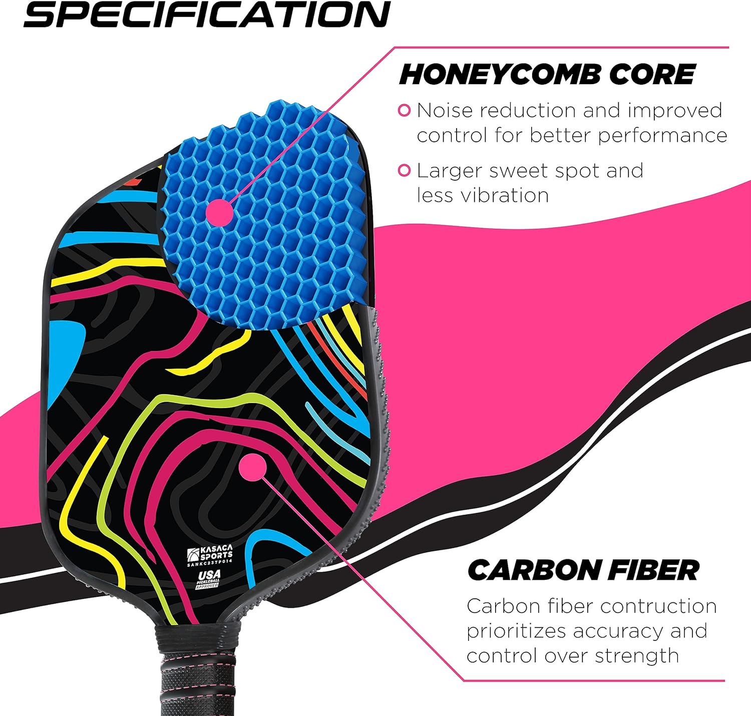 Kasaca Graphite T700 Carbon Fiber Pickleball Paddles, Grained Edge Guard, Honeycomb Core, Large Sweet Spot, Cushion Comfort Grip, USAPA Approved, Cute Paddle for Beginners Players, Women, Men