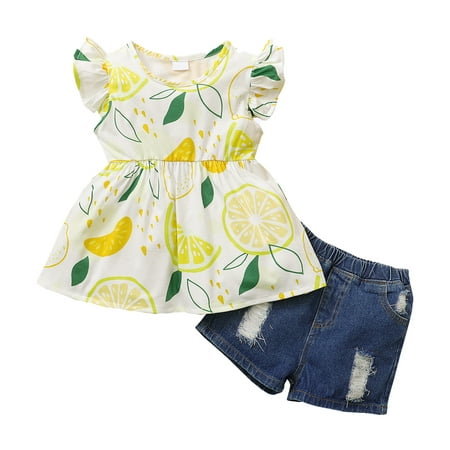 

Infant Baby Girls Clothes 4Y Toddler Girls Summer Short Outfit Sets 5Y Fly Ruffled Sleeve Tops Elastic Denim Shorts 2PCS Set Yellow