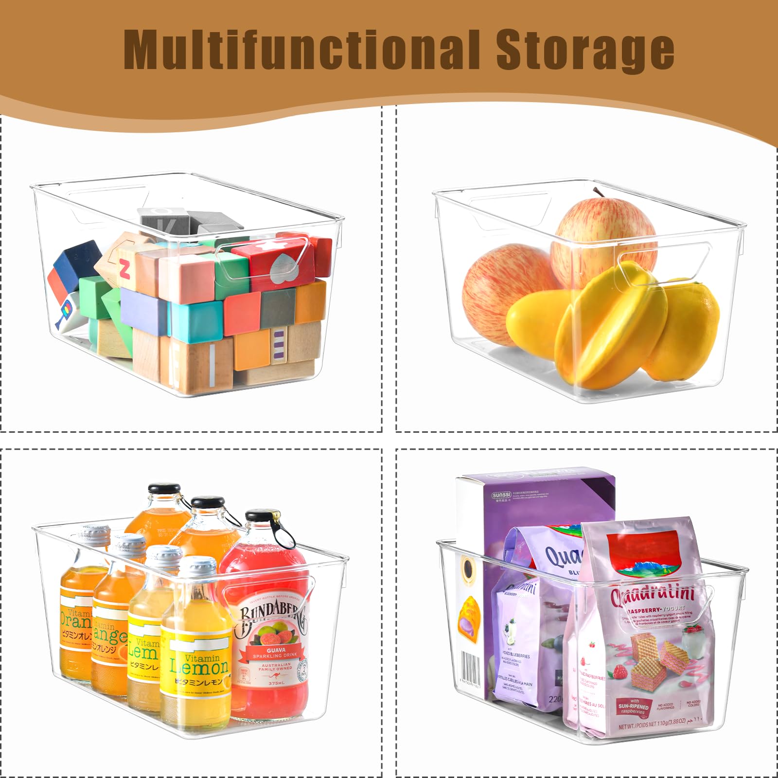 12 Pack Clear Plastic Pantry and Cabinet Storage Bins with Handles, Durable Acrylic Organizers for Fridge and Kitchen Shelves, Space-Saving Containers