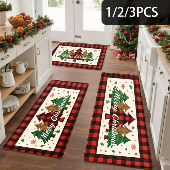 3PCS Kitchen Mat set,Welcome Door Flannel Rug,Home Decor for Front Door,Kitchen, Bathroom,Christmas Trees Snowflakes Red Plaid ,Gifts for family and friends.