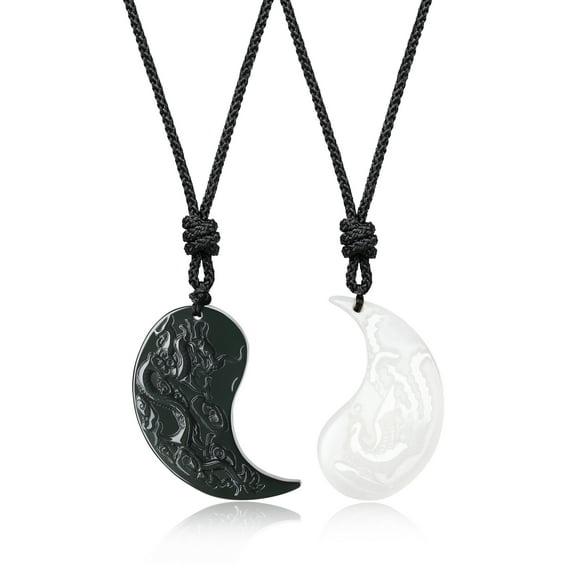 COAI Yin Yang Dragon Phoenix Obsidian White Jade Gemstones Couple Pendant Necklaces