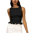 thumbnail image 2 of Women Casual Frill Smocked Ruffle Hem Crop Tank Top Shirred Crew Neck Sleeveless Slim Fit Solid Crop Vest Tops, 2 of 6