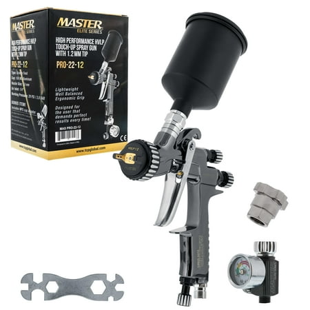 Master Elite High-Performance PRO-22 Series HVLP Touch Up Spray Gun with 1.2mm Tip and Air Pressure Regulator Gauge - Detail Paint Sprayer Spot and Panel Repairs - Auto Basecoats Clearcoats