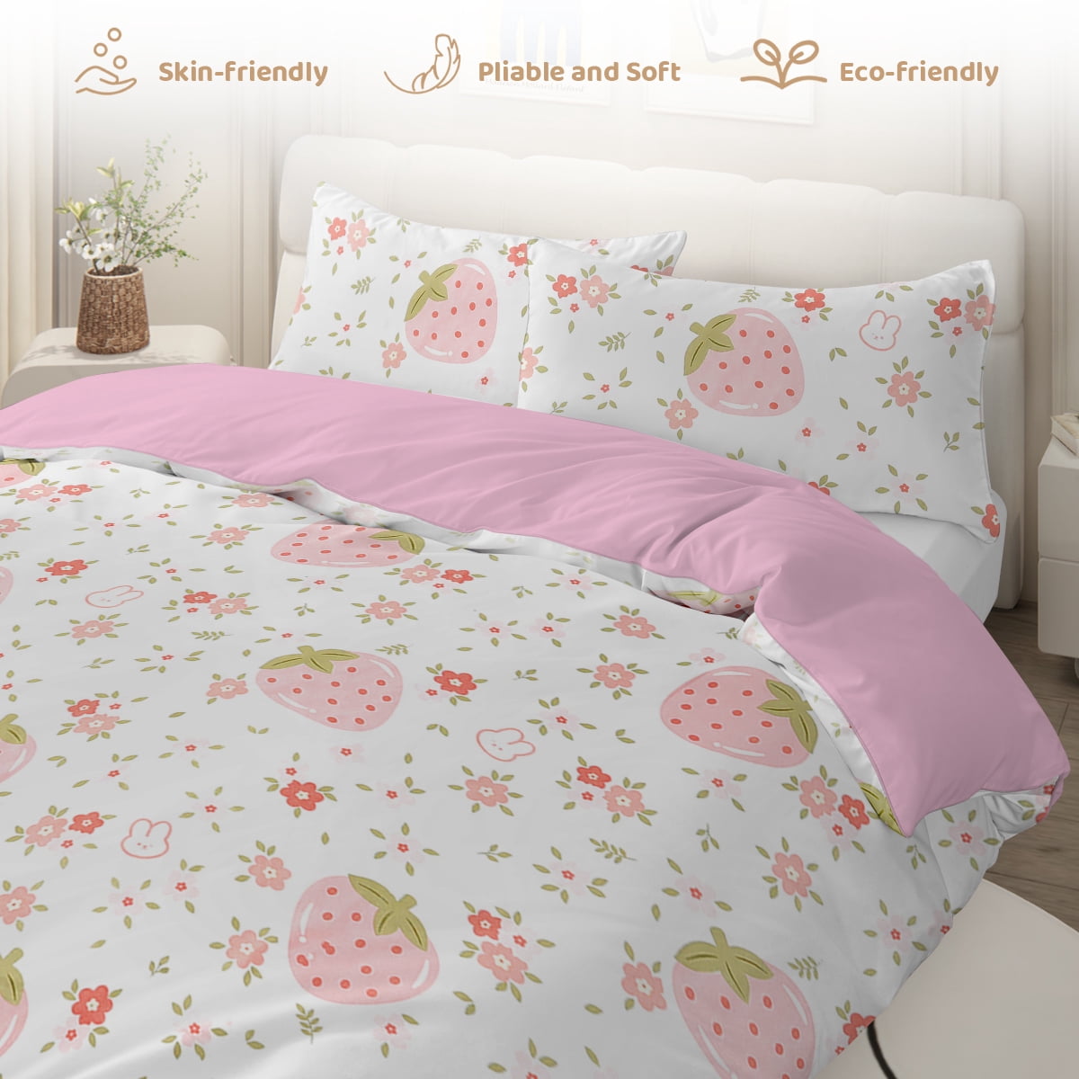 BlessLiving 3Pcs Duvet Cover Set King Size, Pink Strawberry Bedding Set for Kids Girls