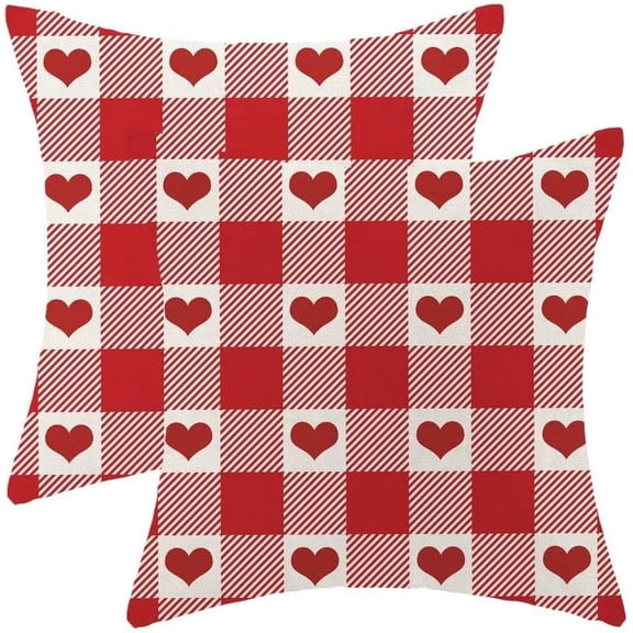 Valentine'' Day Pillow Covers 18X18 Inch Pack of 2, Red Buffalo Plaid Love Heart Holiday Decorative Throw Pillow Linen Valentine Pillow Cases Cushion for Bedroom Home Sofa