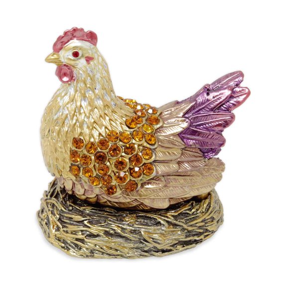 Supreme Housewares Hen with Crystal Glass Pewter Hinged Jewelry Trinket Box with Magnetic Closure