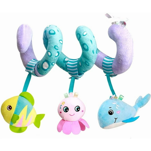 Juego de 3 juguetes para asiento de coche, juguete de actividad de espiral de peluche para bebé, juguetes colgantes para cochecito de bebé, juguete de peluche para niño pequeño (océano)