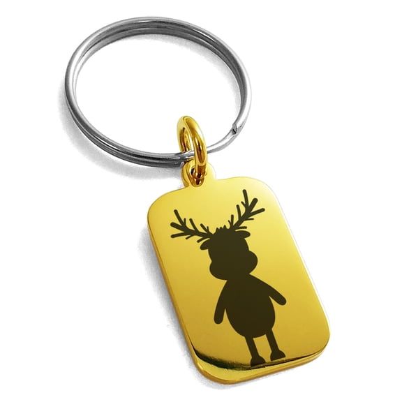 Rose Gold Stainless Steel Rudolph Reindeer Engraved Small Rectangle Dog Tag Charm Keychain Keyring