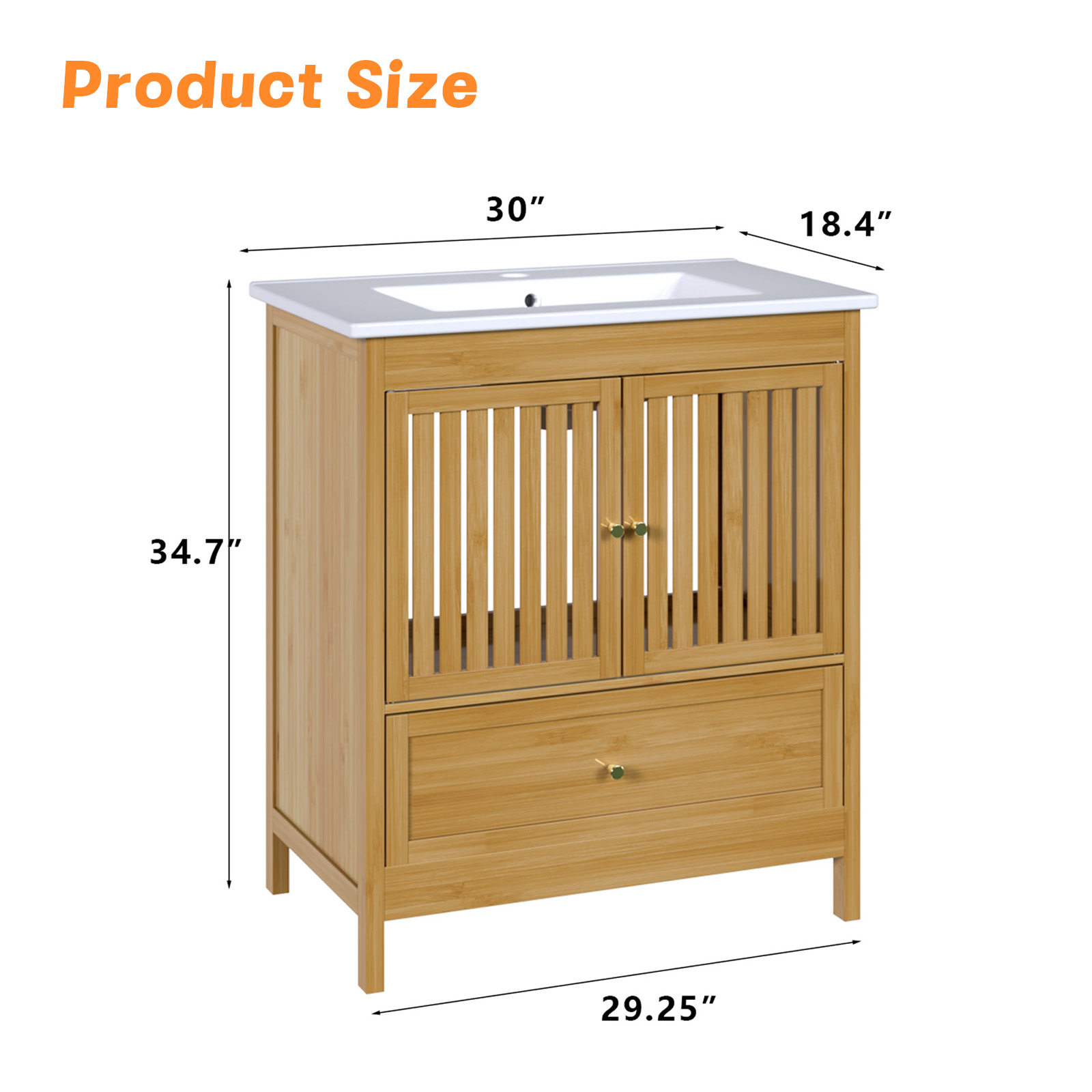 Naturoasis 30" Bathroom Vanity with Sink, Solid Wooden Free Standing Bathroom Cabinet, Farmhouse Bamboo Storage Cabinet with Large Drawer, Soft-Closing Louvered Doors with Built-in Shelves
