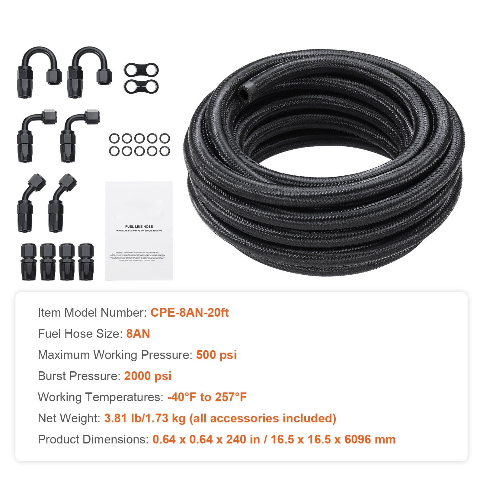 KFFKFF 8AN Fuel Hose Set, 20 FT, 0.43" Nylon & Stainless Steel Woven Oil/Gas/Diesel Line with 12 PCS Rotating Adapter Fittings, Black