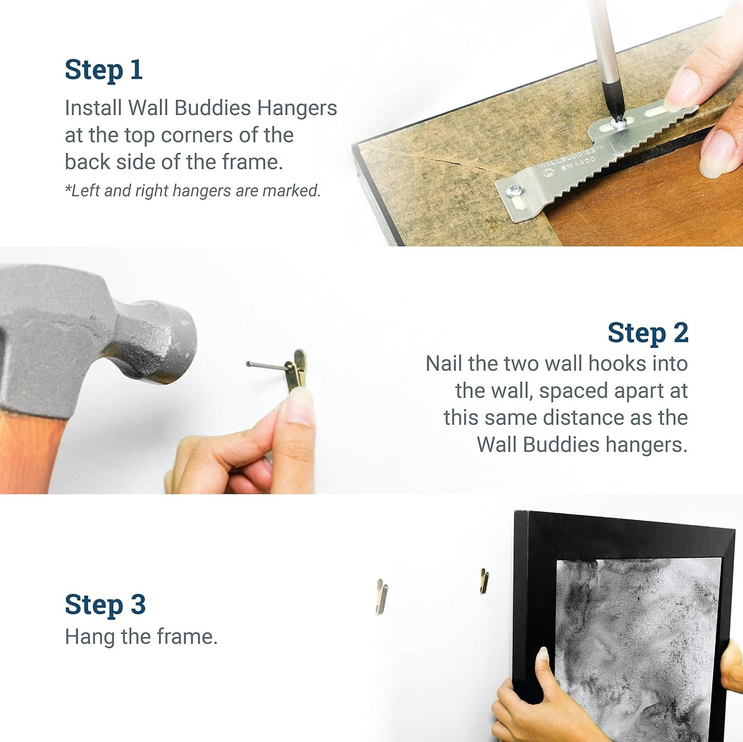 Picture Hang Solutions - 30 lb Capacity Small Wall Buddies - Includes Wall Hangers, Nails, and Screws 5 sets per pack