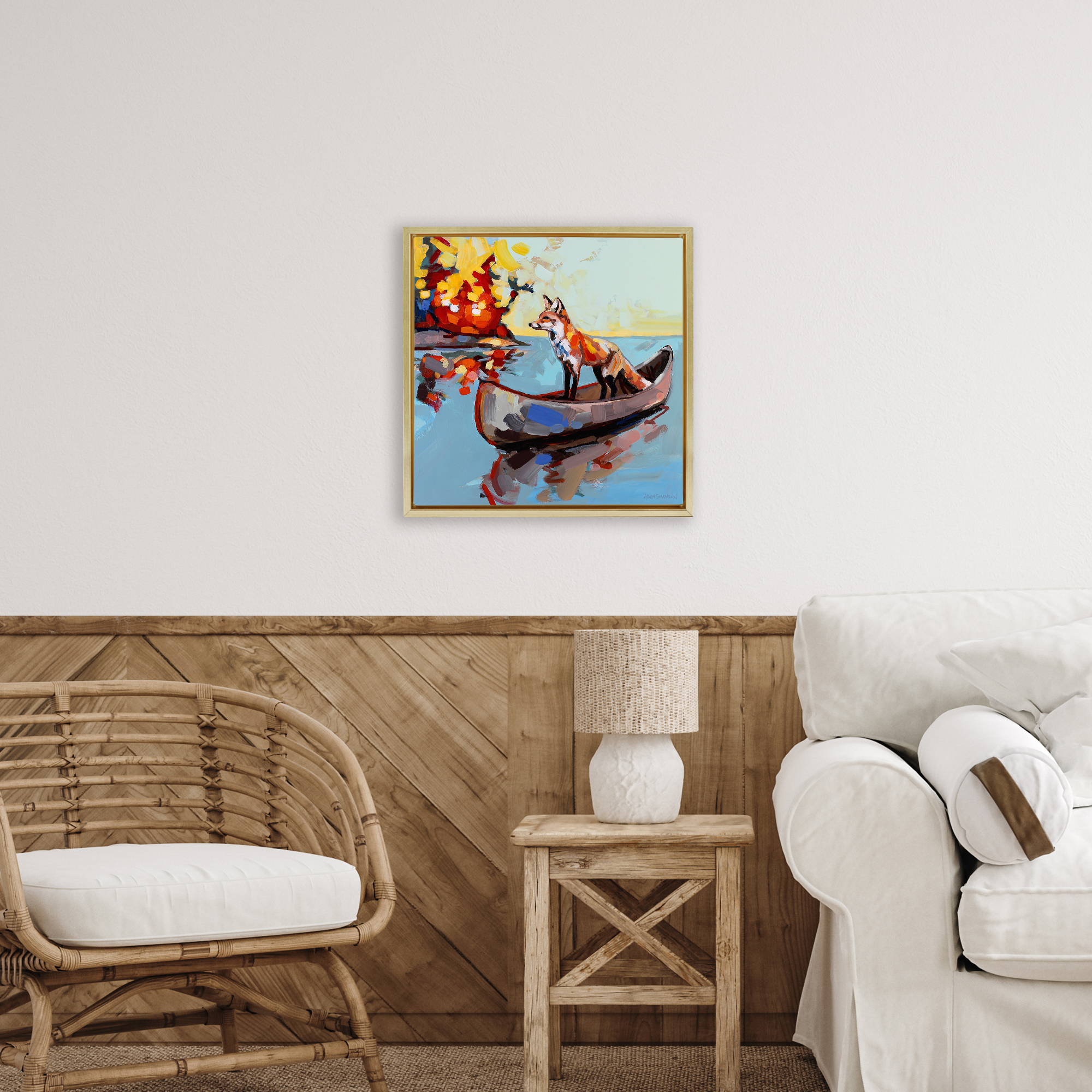 Fox's Voyage on Canoe Gold Framed Floater Canvas Wall Art, design by Adam Swanson