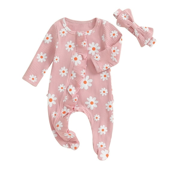 Elippeo Baby Girl Footies Rompers 3 6 9 Months Flower Print Crew Neck Long Sleeve Ruffles Jumpsuits Fall Clothes Bodysuits with Headband