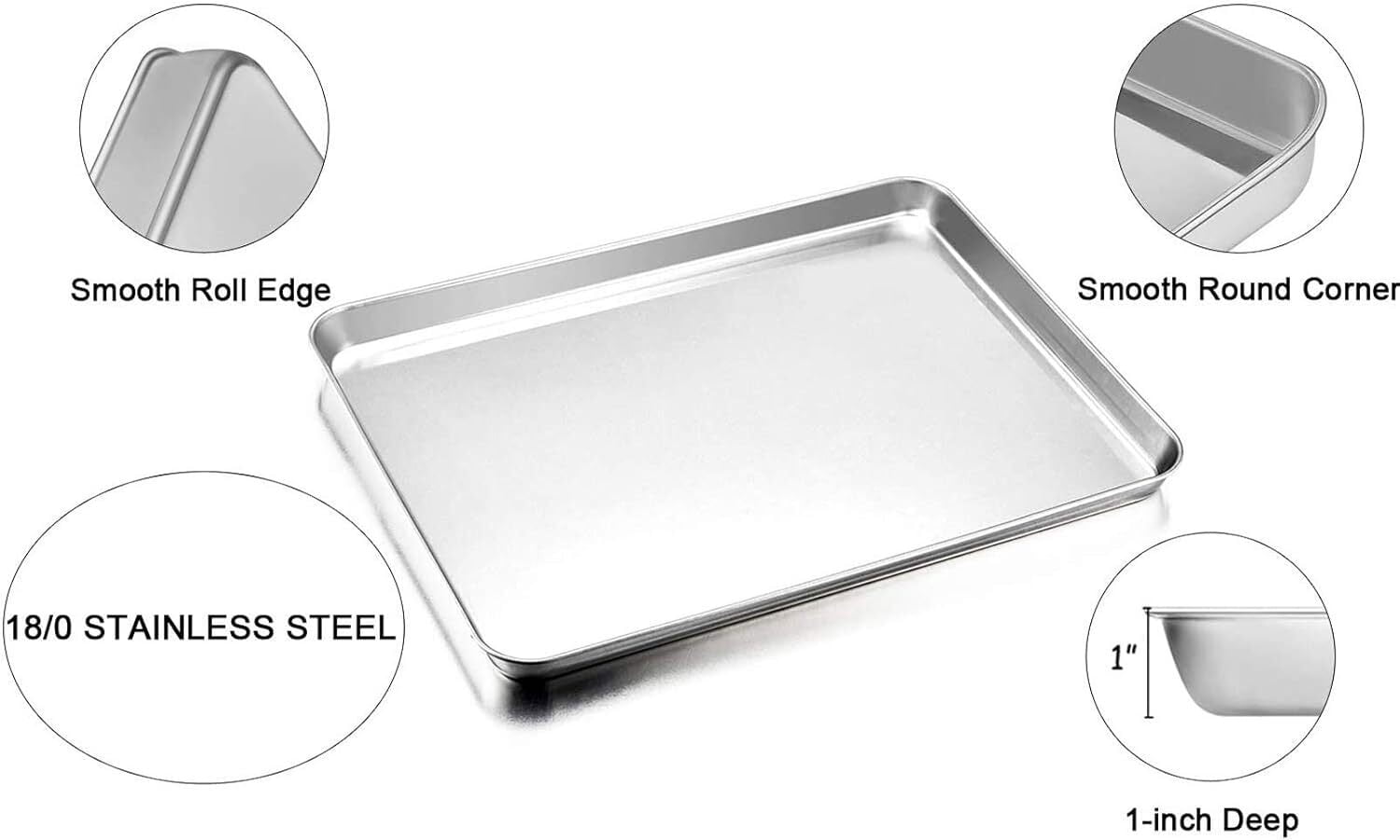 Baking Sheet Set of 2, Food Grade Stainless Steel Baking Pan, Professional Bakeware Oven Tray, Healthy & Non-toxic, Easy Clean & Dishwasher Safe (10 x 7.9 x 1 Inch)