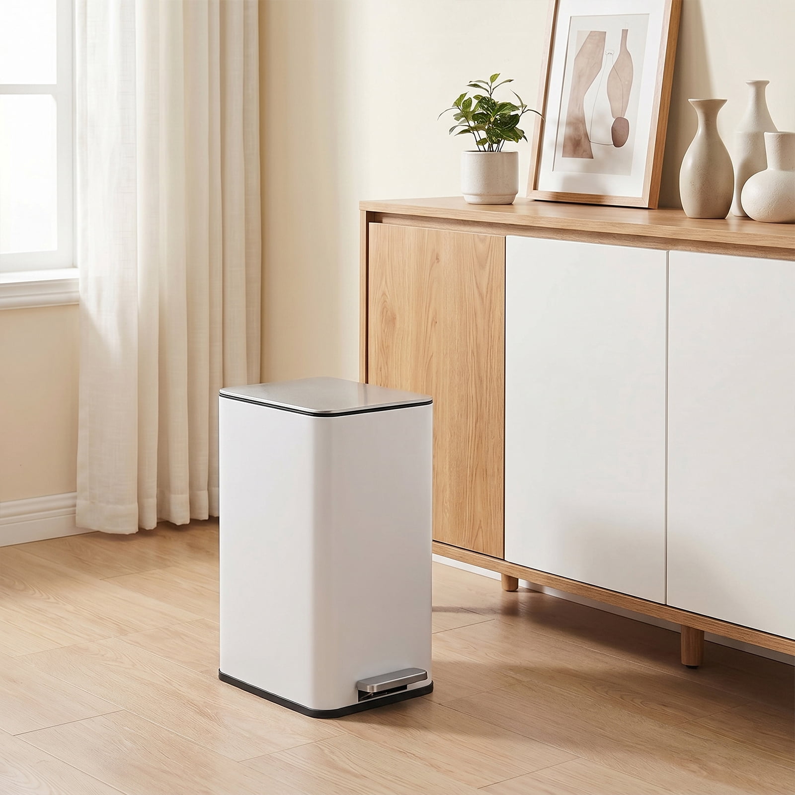 Simplykleen 10L/2.6 Gallon Rectangular Step Trash Can Stainless Steel with Removable Inner Bucket for Kitchen Bathroom White
