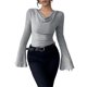 thumbnail image 1 of Camisetas de Punto Acanalado con Cuello Vuelto y Larga para Mujer, Tops Ajustados Fruncidos para Salir, Camisetas Básicas para Otoño Gris L, 1 of 9