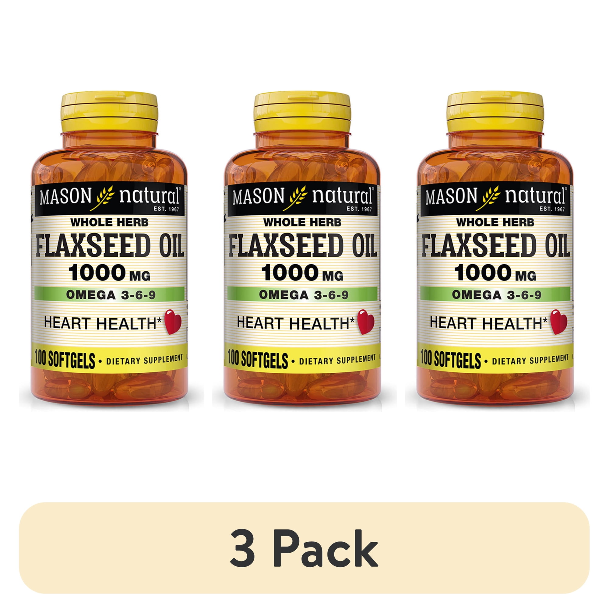 (3 pack) Mason Natural Flax Seed Oil 100 Softgels - Omega 3-6-9, Healthy Heart and Immune System