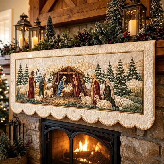 Lypsnake Nativity Scene Christmas Mantel Scarf, Quilted Fireplace Mantel Runner with Holy Family Sheep Winter Forest Print, Scalloped Edge Religious Hanging Decor for Christmas Home Mantel Decor