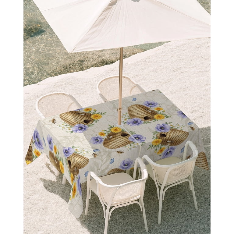 bees in patio umbrella 60x120 Inch Outdoor Tablecloth with Umbrella Hole Zipper Rectangle  Farmhouse Bees Rectangular Tablecloths Outside Waterproof Vintage Honeybees  Flowers