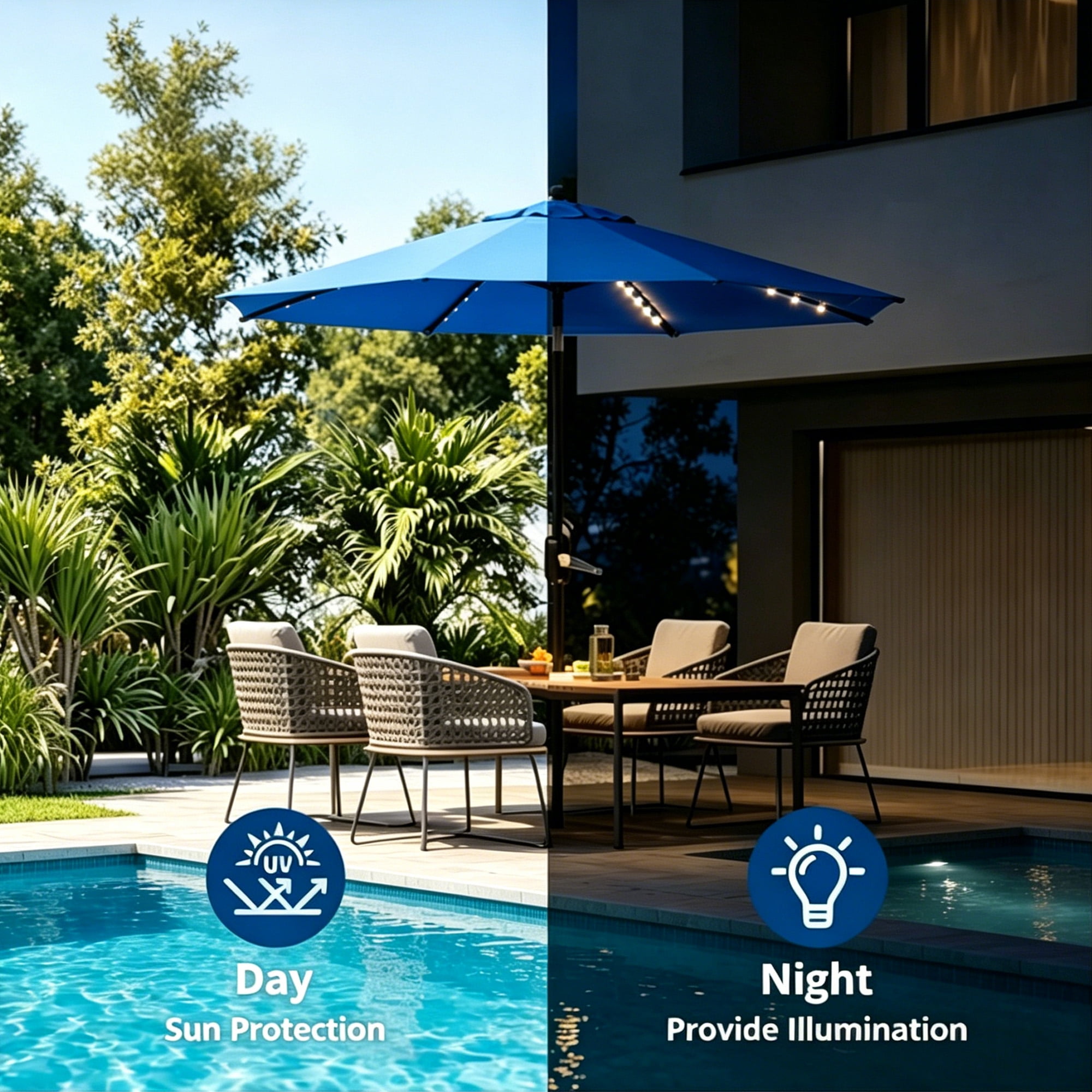 Kool Outdoor 9ft Solar LED Lighted Market Patio Umbrella with Crank and Tilt - Royal Blue