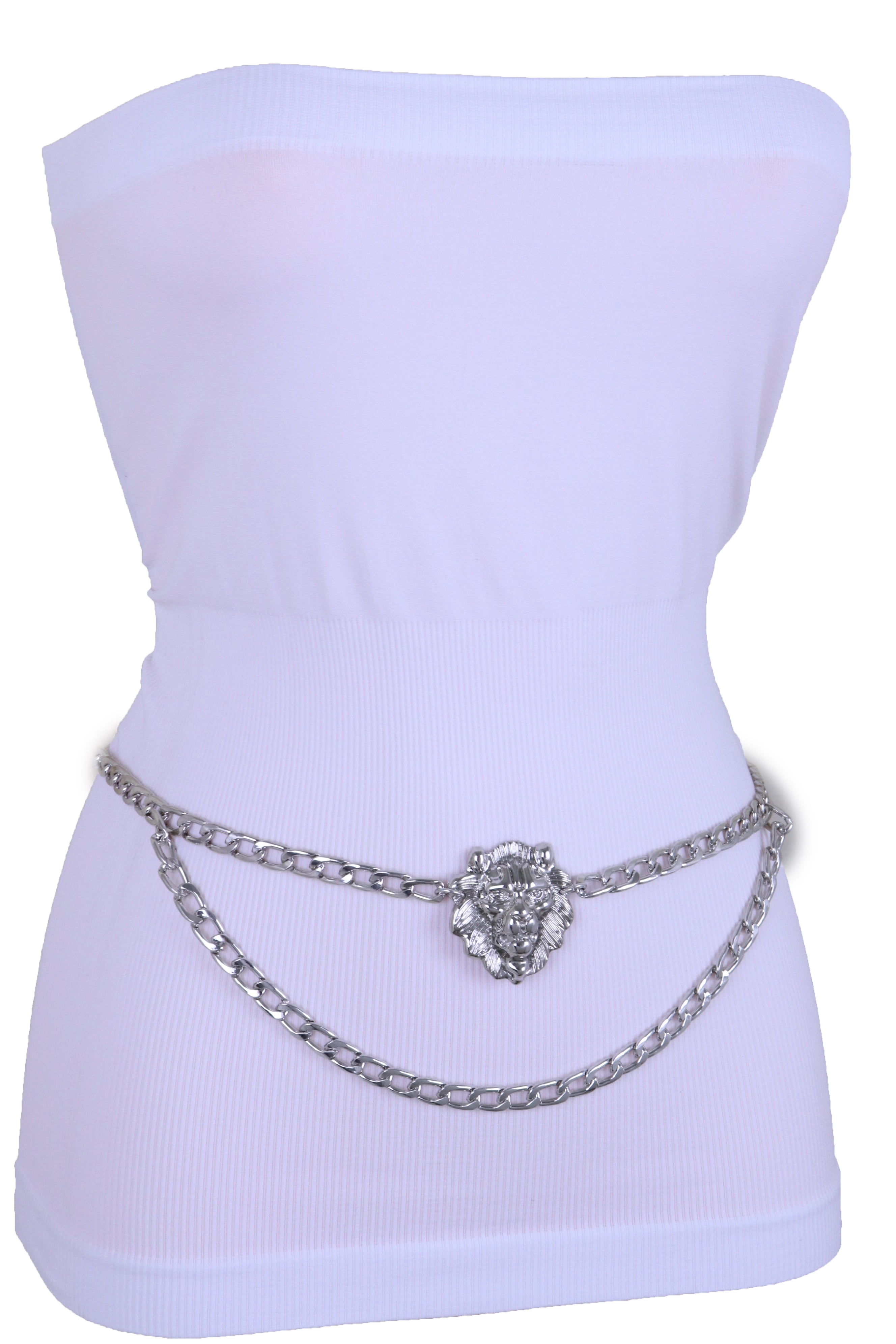 Women Bling Lion Head Charm Belt Waist Hip Silver Metal Chain XL XXL