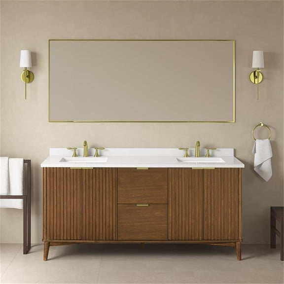 Pemberly Row 72" Double Bathroom Vanity in Warm Walnut with White Countertop