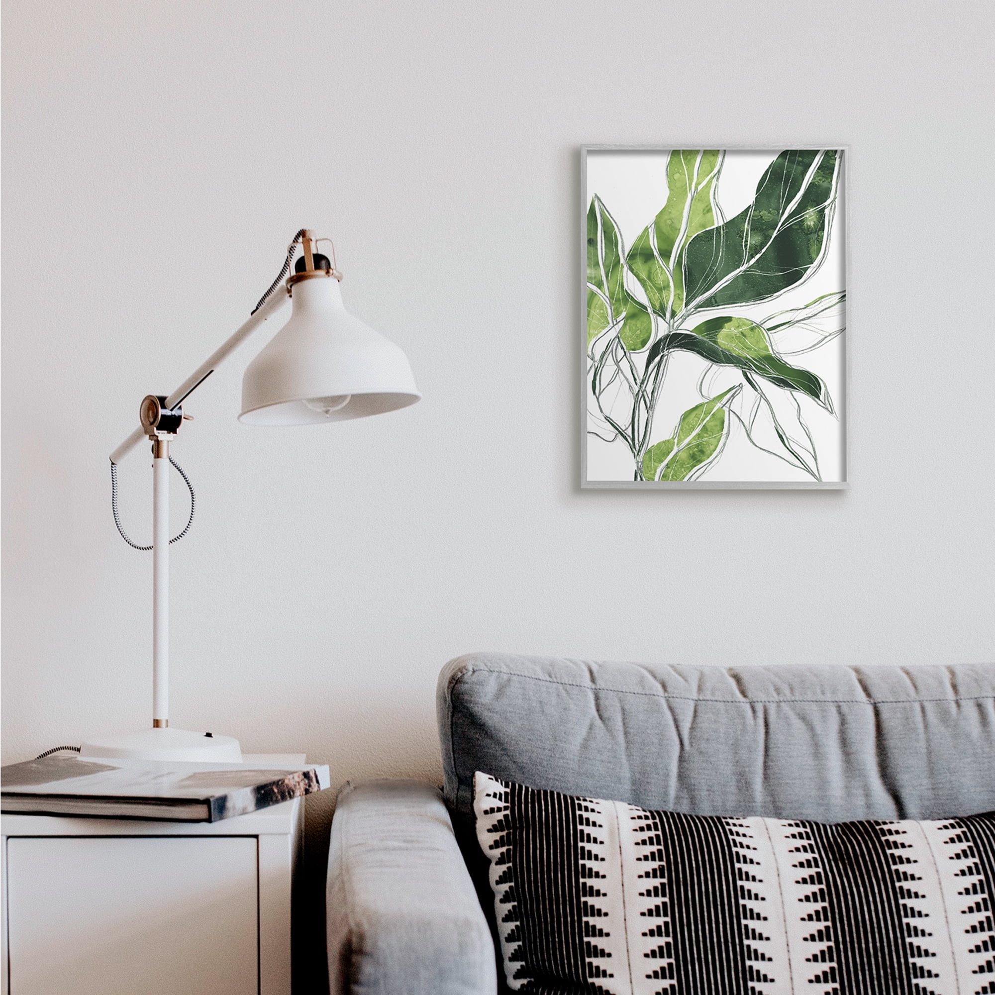 Stupell Industries Expressive Palm Linework Green Pop Detail Botanical & Floral Painting Gray Framed Art Print Wall Art, 11 x 14