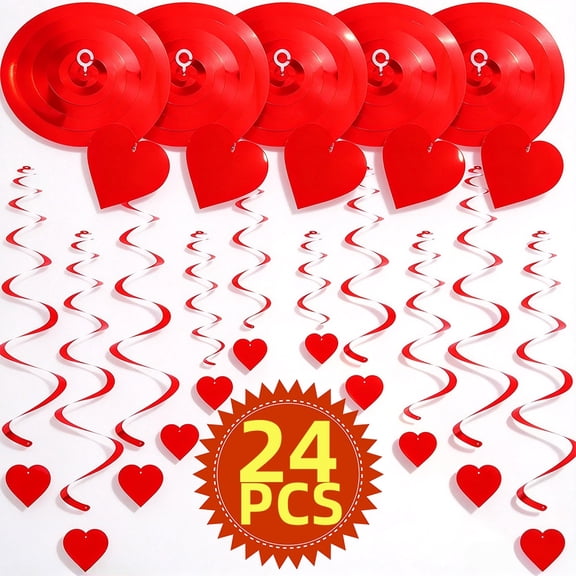 Red Heart Hanging Swirl Decorations, Foil Streamers for Valentine's Day, Wedding, and Anniversary Party Decor, 24 Pcs