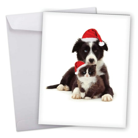 J6596GXSG Extra Large Merry Christmas Greeting Card: 'Copy Cats' Featuring¬†an Adorable Border Collie and Tuxedo Kitten¬†in Matching Santa's Hats for Christmas Greeting Card with Envelope by The