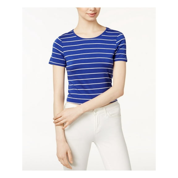 KENSIE Womens Blue Tie Striped Short Sleeve Jewel Neck Top Size: XL