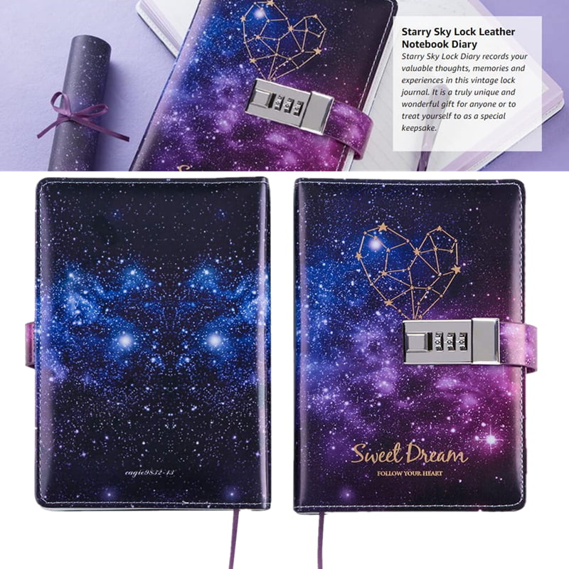 JunShop Locking Diary Combination Lock Journal Constellation Writing Diary A5 Starry Sky Lock Leather Notebook Aquarius 