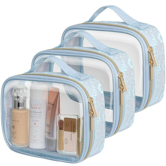 LA- Blue MediumTSA Approved Toiletry Bag - Clear Makeup Bag Waterproof Quart Size Bag, Travel Makeup Cosmetic Bag for Women Men, Carry on Airport Airline Compliant Bag, 3 Pack, Black