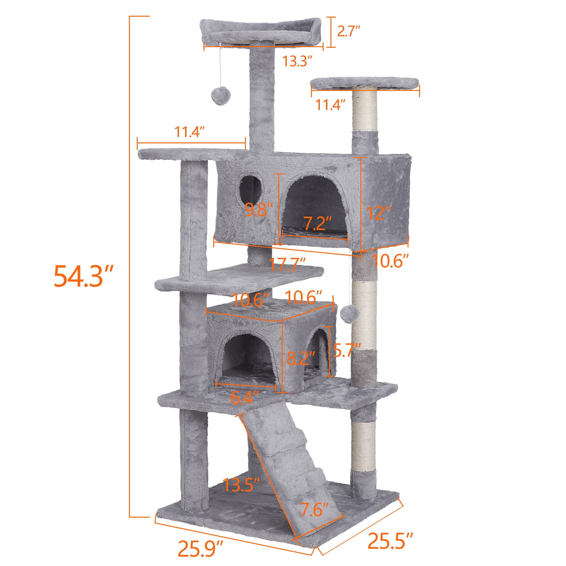 HomGarden 55''H Multi-Level Cat Tree Double Condo Scratching Post Tower, Light Gray