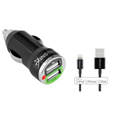 Insten Car Charger with 2.1A Dual USB Port & Lightning Cable (Apple MFi Certified) for iPhone 7 7+ 6 6S Plus SE 5 5s 5c iPad Pro Air Mini iPod Touch 5th 6th Nano 7th Gen