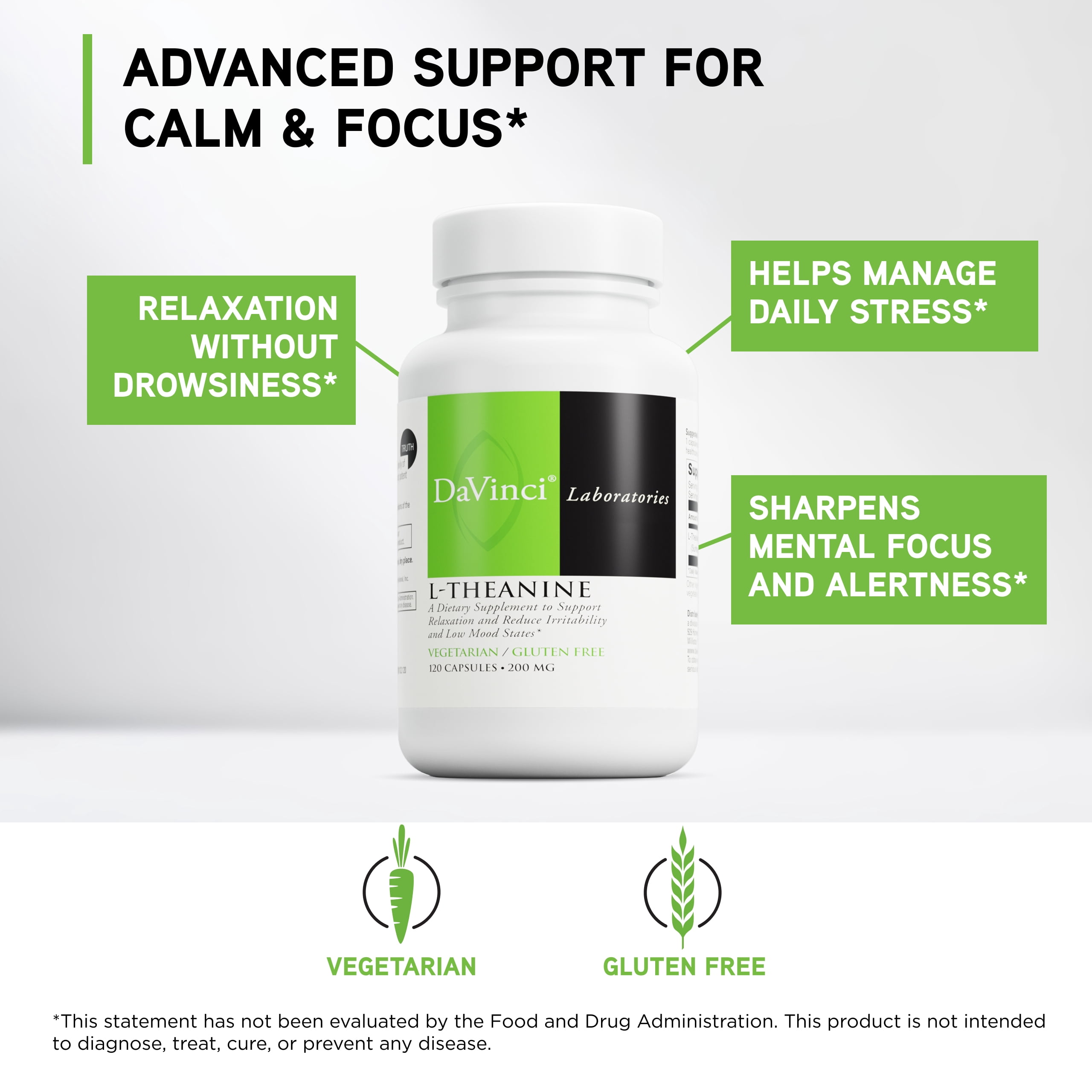 DaVinci Labs L-Theanine - Supports Brain Health & Sleep * - 120 Vegetarian Capsules